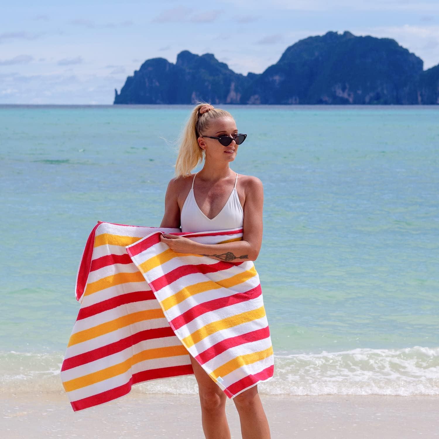image:imageArkwright Cabo Cabana Stripe Beach Towel Pack of 4 Large Soft Quick Dry Cotton Terry Towels for Pool Swim and Hot Tub Oversized 30 x 70 in CrabapplePool BlueRaspberryMango