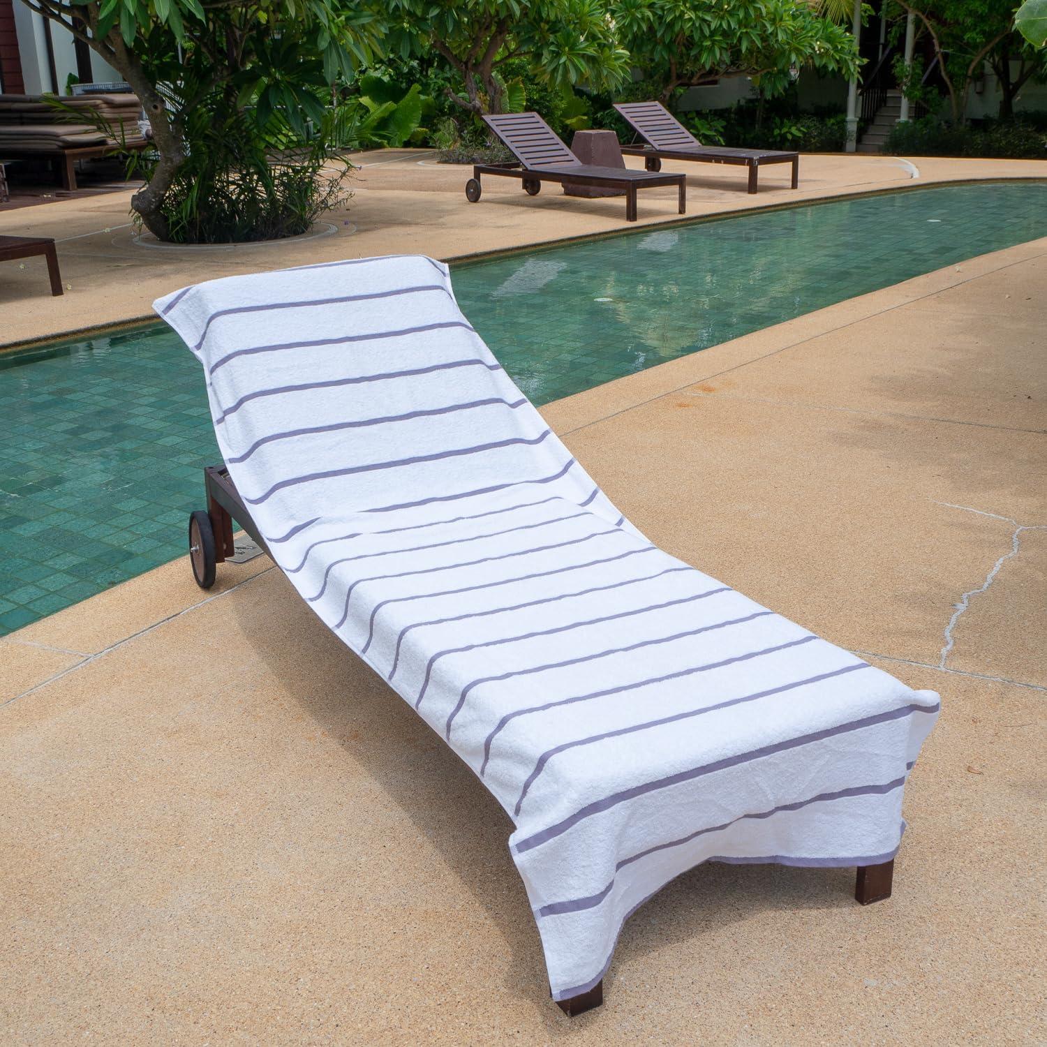 image:imageArkwright Las Rayas Chaise Lounge Cover Towel with Pocket Pack of 2 Striped 100 Cotton Cabana Cover for Beach Pool Outdoor Chairs 30 x 85 in WhiteGreenLight Grey