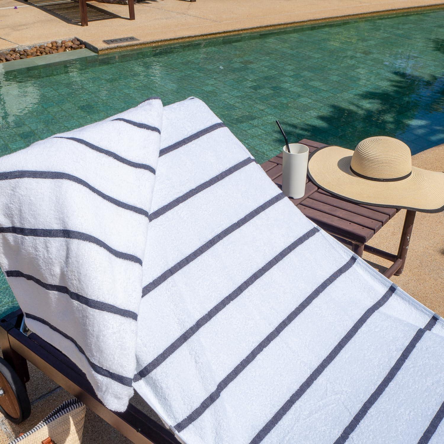 image:imageArkwright Las Rayas Chaise Lounge Cover Towel with Pocket Pack of 2 Striped 100 Cotton Cabana Cover for Beach Pool Outdoor Chairs 30 x 85 in WhiteGreenDark Grey