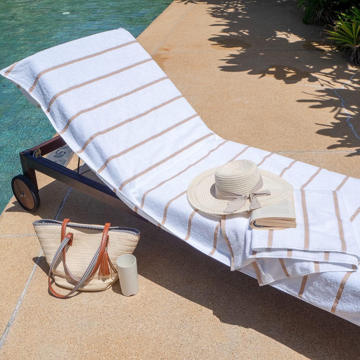 image:imageArkwright Las Rayas Chaise Lounge Cover Towel with Pocket Pack of 2 Striped 100 Cotton Cabana Cover for Beach Pool Outdoor Chairs 30 x 85 in WhiteGreenBeige