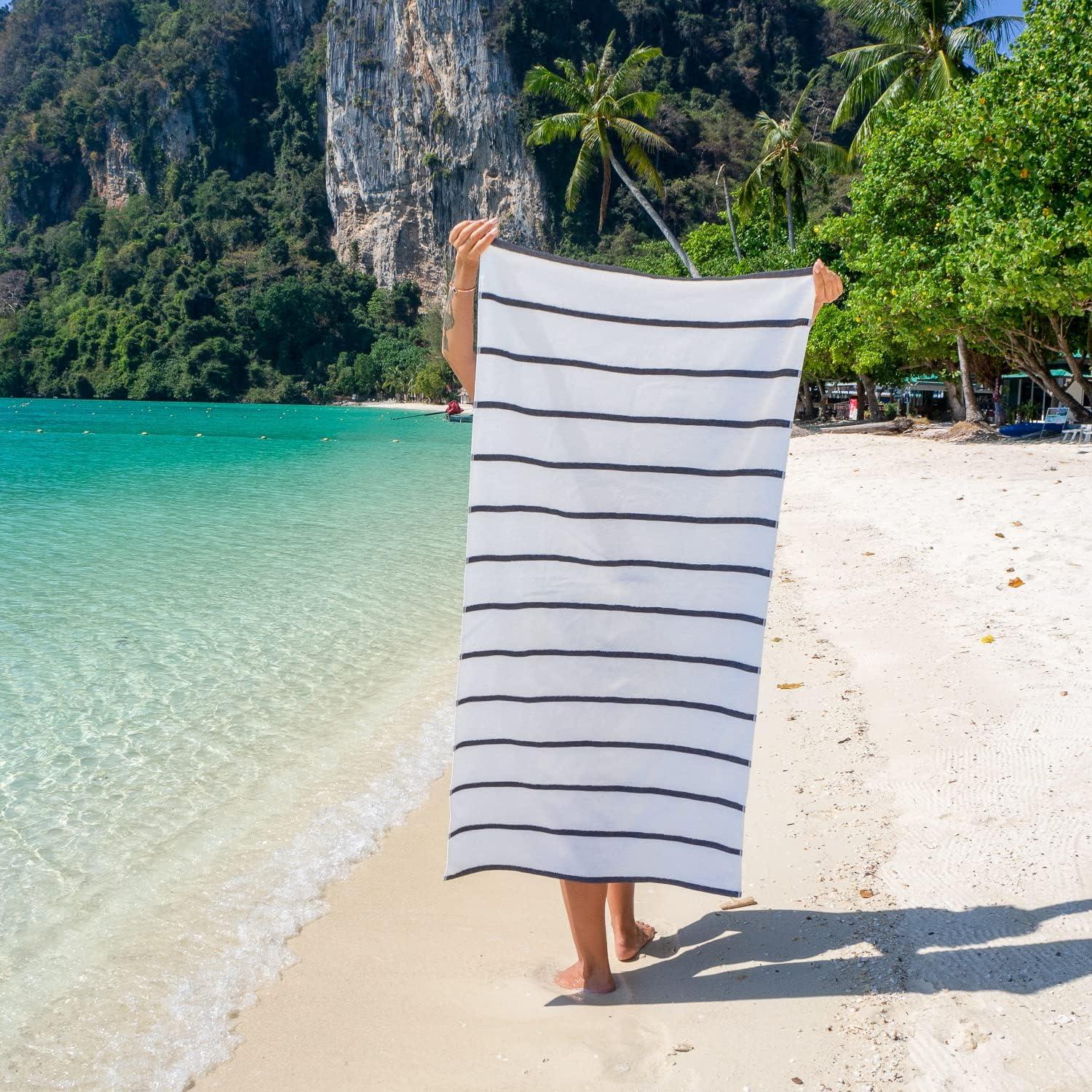 image:imageArkwright Las Rayas Striped Beach Towel Pack of 4 Soft Plush Quick Dry White Cotton Terry Towels Set for Pool Swim and Hot Tub 480 GSM Thick amp Absorbent 30 x 60 in BeigeDark Grey