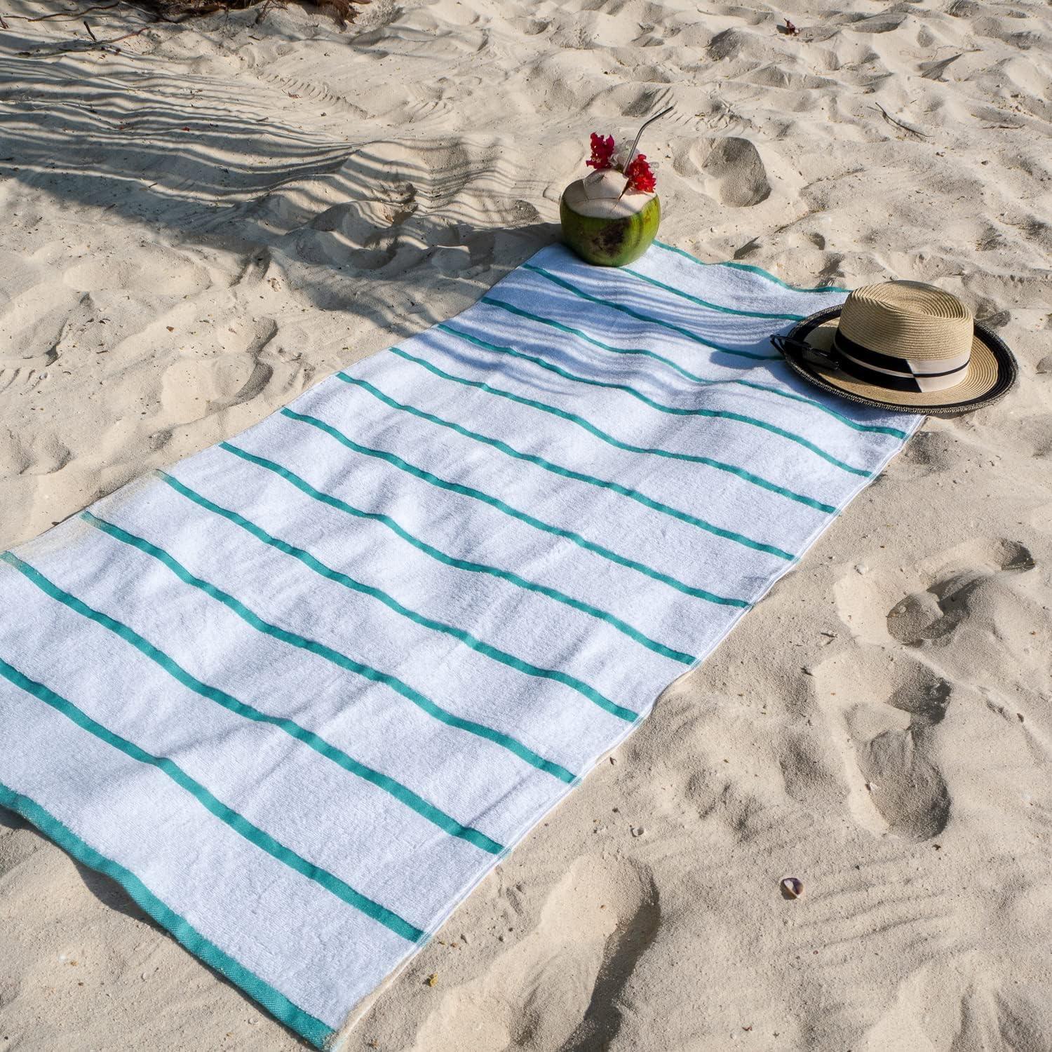 image:imageArkwright Las Rayas Striped Beach Towel Pack of 4 Soft Plush Quick Dry White Cotton Terry Towels Set for Pool Swim and Hot Tub 480 GSM Thick amp Absorbent 30 x 60 in BeigeGreen
