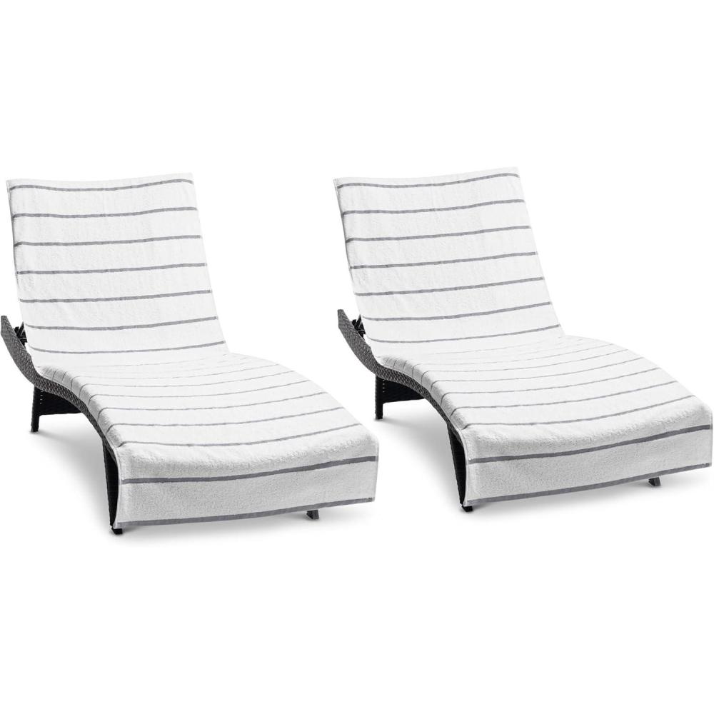 image:imageArkwright Las Rayas Chaise Lounge Cover Towel with Pocket Pack of 2 Striped 100 Cotton Cabana Cover for Beach Pool Outdoor Chairs 30 x 85 in WhiteGreenLight Grey