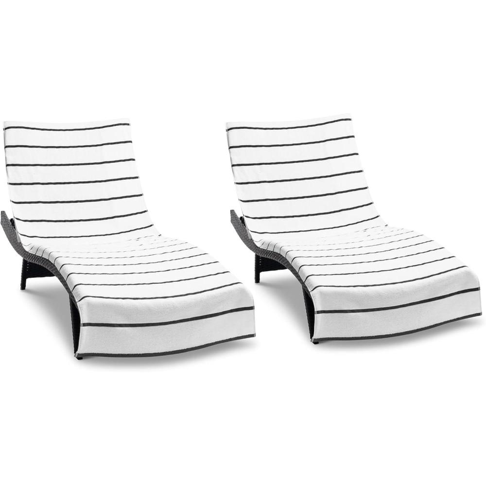 image:imageArkwright Las Rayas Chaise Lounge Cover Towel with Pocket  Pack of 2  Striped 100 Cotton Cabana Cover for Beach Pool Outdoor Chairs 30 x 85 in WhiteGreenDark Grey