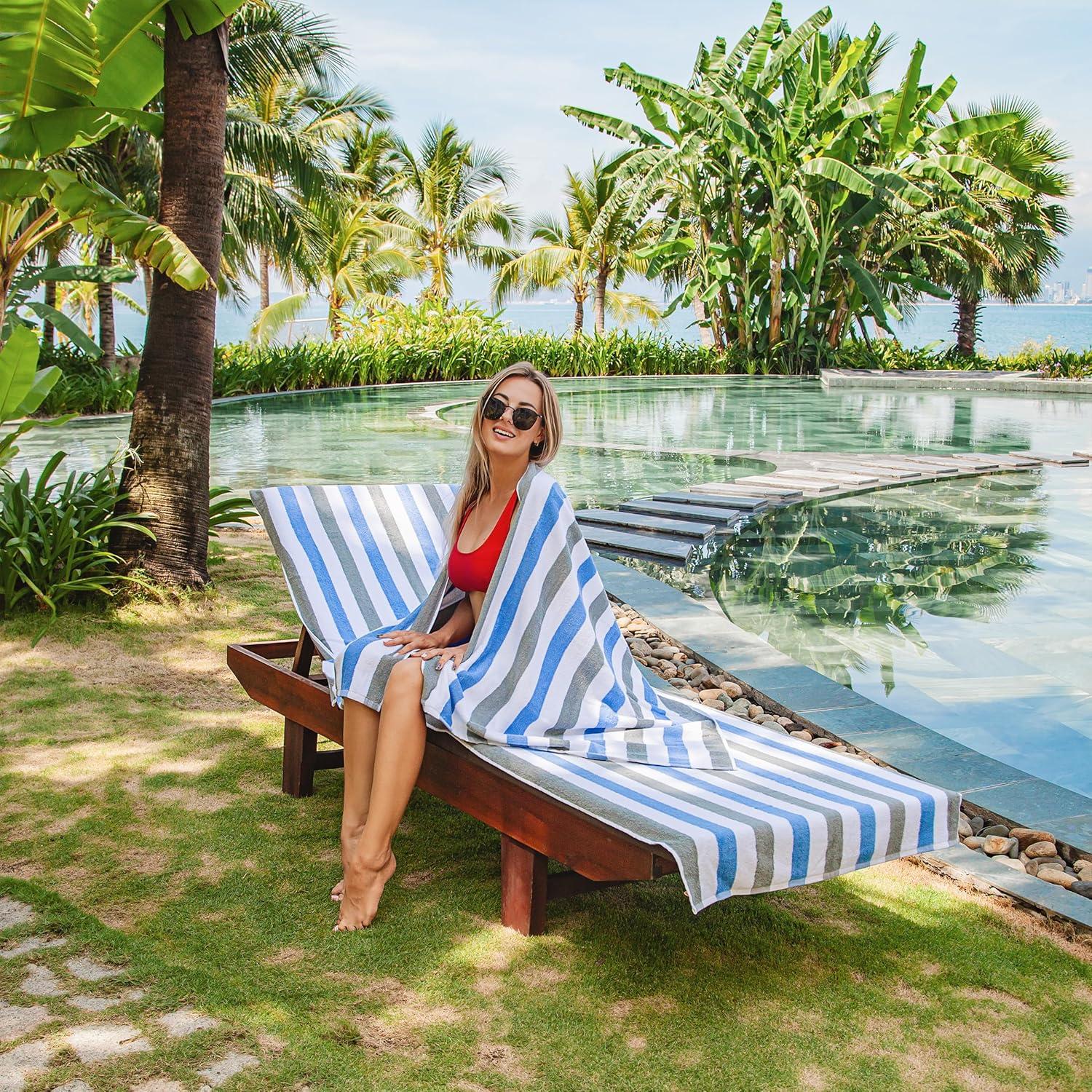 image:imageArkwright Cabo Chaise Lounge Cover Towel with Pocket Pack of 2 Striped 100 Cotton Cabana Cover for Beach Pool Outdoor Chairs 30 x 85 in Tropical BreezeSkydive BlueCornflower BlueGrey