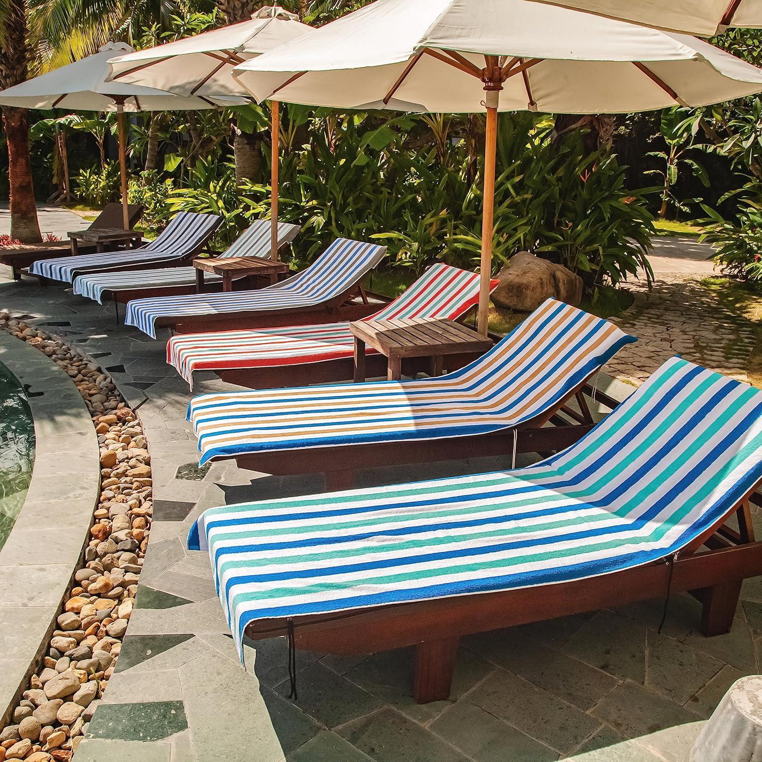 image:imageArkwright Cabo Chaise Lounge Cover Towel with Pocket Pack of 2 Striped 100 Cotton Cabana Cover for Beach Pool Outdoor Chairs 30 x 85 in Tropical BreezeSkydive BlueGreyMint