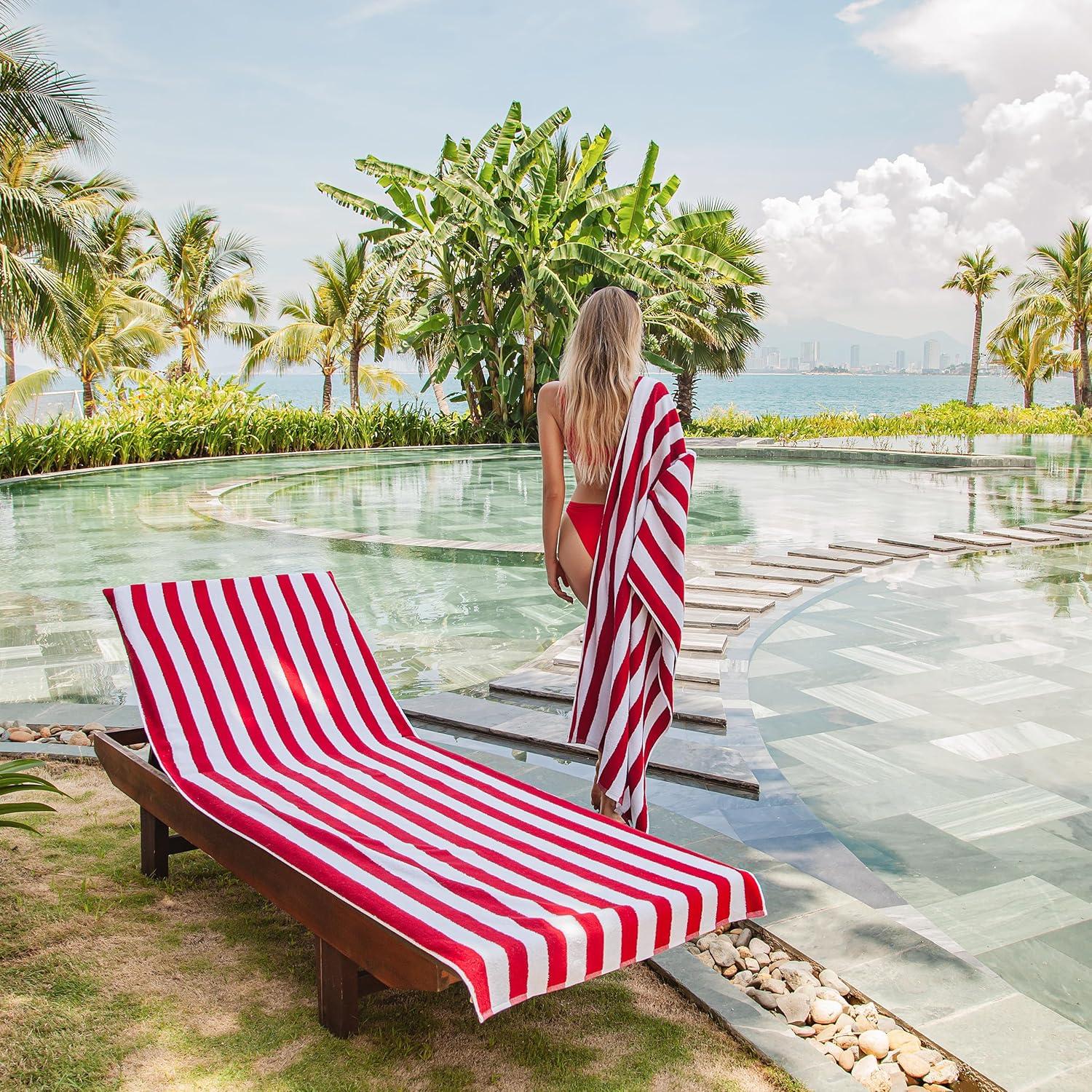 image:imageArkwright California Chaise Lounge Cover Towel with Pocket Pack of 2 Striped 100 Cotton Cabana Cover for Beach Pool Outdoor Chairs 30 x 85 in GreyRed