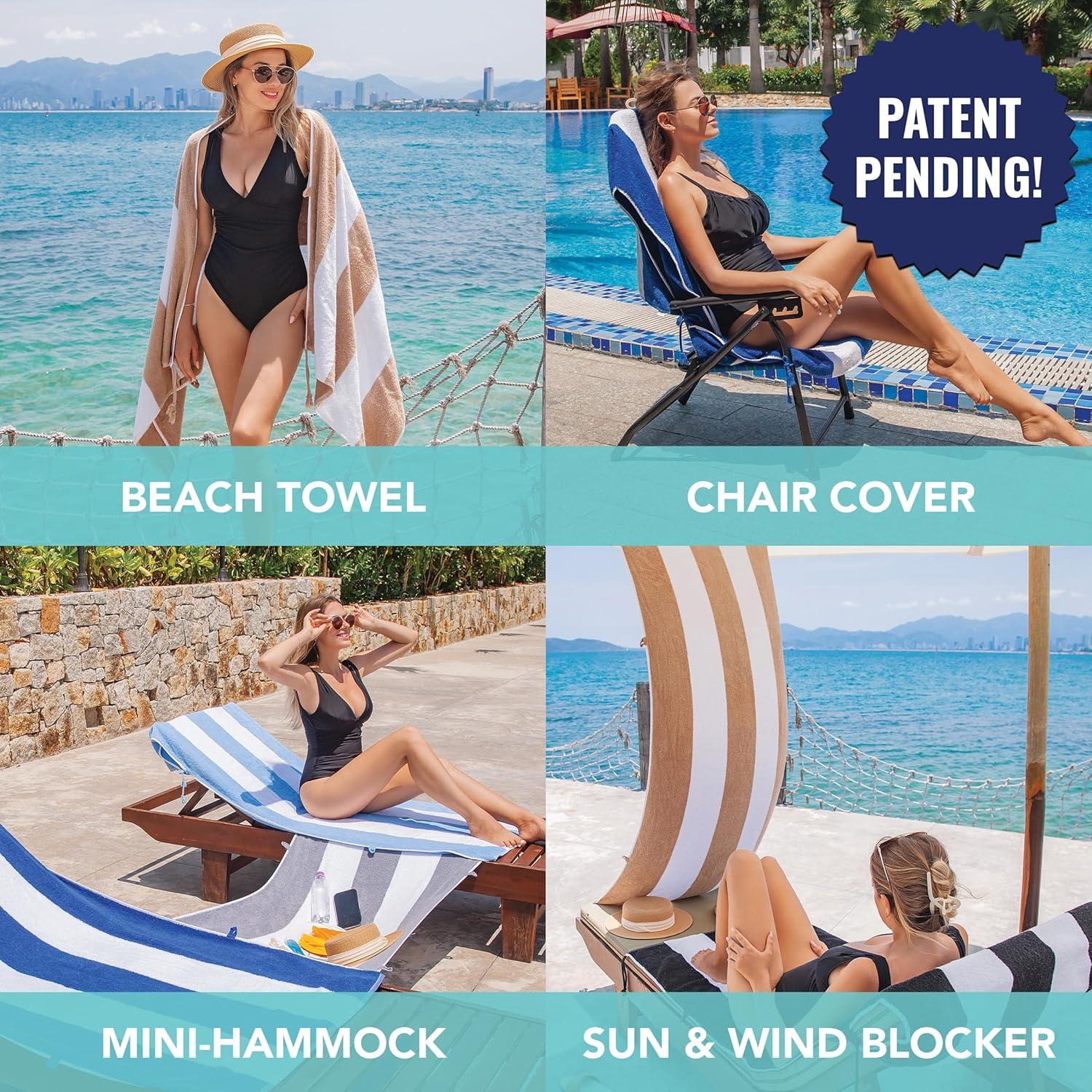 image:imageArkwright TieandDry Beach Towel 2Pack ClipFree Pool Chair Cover with Rope Ties Holder for Outdoor Patio Chaise Lounge 420GSM Cabana Stripe Oversized 30 x 70 in Dazzling BlueDutch Canal Blue