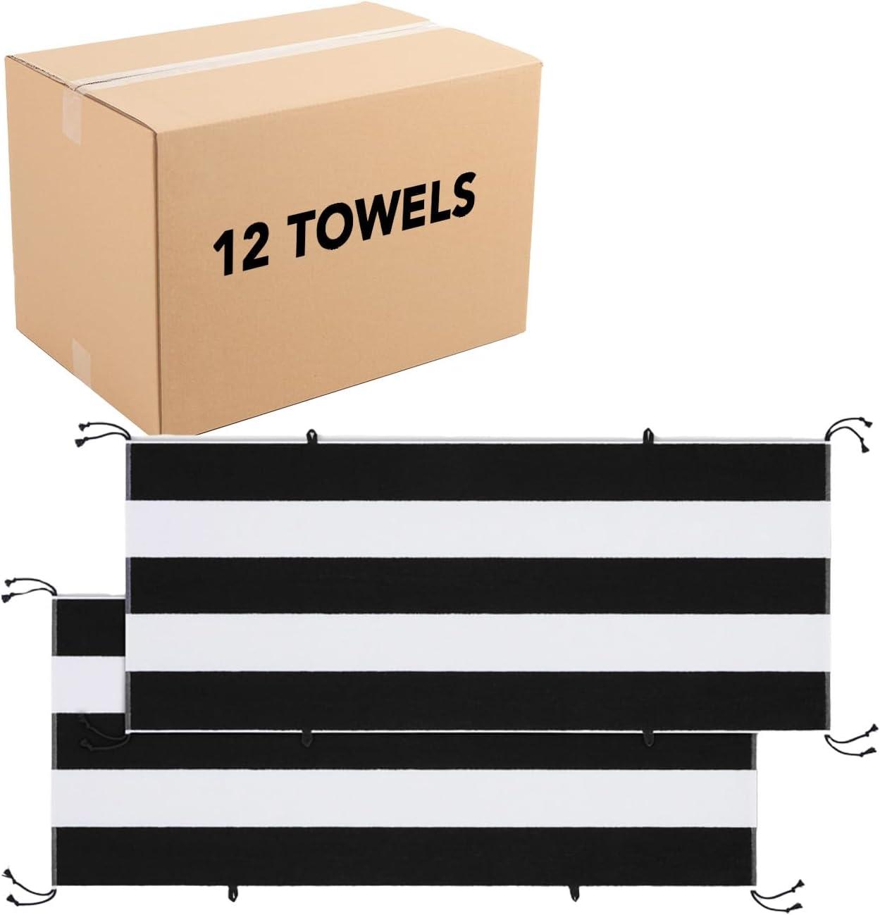 image:imageArkwright TieandDry Beach Towel 2Pack ClipFree Pool Chair Cover with Rope Ties Holder for Outdoor Patio Chaise Lounge 420GSM Cabana Stripe Oversized 30 x 70 in Dazzling BlueJet Black