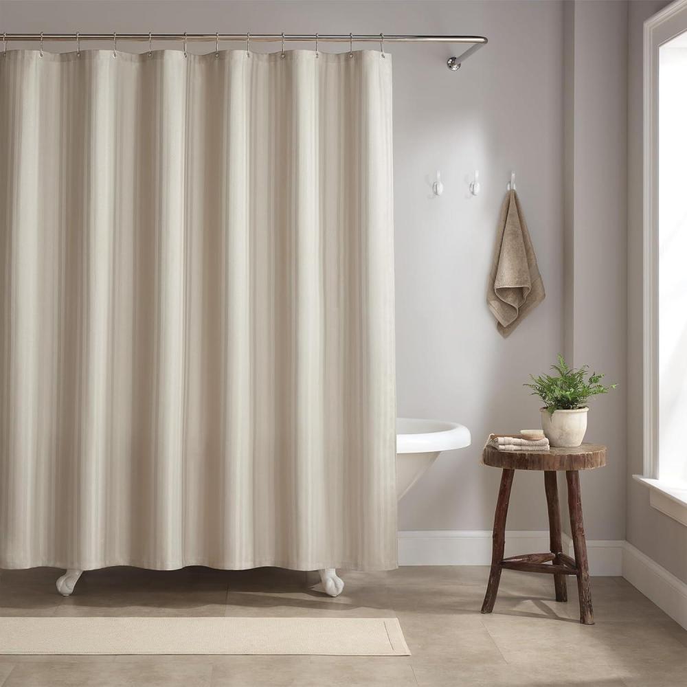 image:imageArkwright Bathroom Shower Curtain Set Stainless 12 Metal Hooks Modern Damask Woven Washable Fabric with Weighted Hem amp RustProof Grommets 210 GSM Heavy Duty 72 x 72 in Almond MilkAlmond Milk Damask