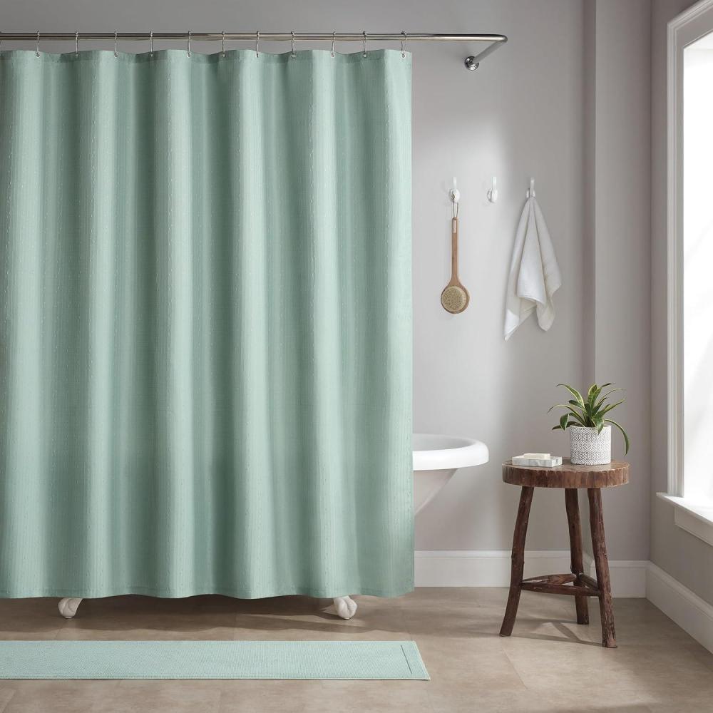 image:imageArkwright Bathroom Shower Curtain Set Stainless 12 Metal Hooks Modern Damask Woven Washable Fabric with Weighted Hem amp RustProof Grommets 210 GSM Heavy Duty 72 x 72 in Almond MilkSilt Green Raindrop