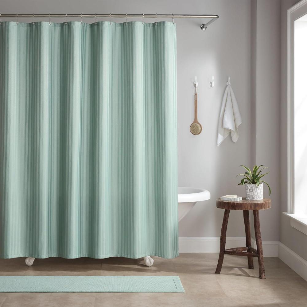 image:imageArkwright Bathroom Shower Curtain Set Stainless 12 Metal Hooks Modern Damask Woven Washable Fabric with Weighted Hem amp RustProof Grommets 210 GSM Heavy Duty 72 x 72 in Almond MilkSilt Green Damask