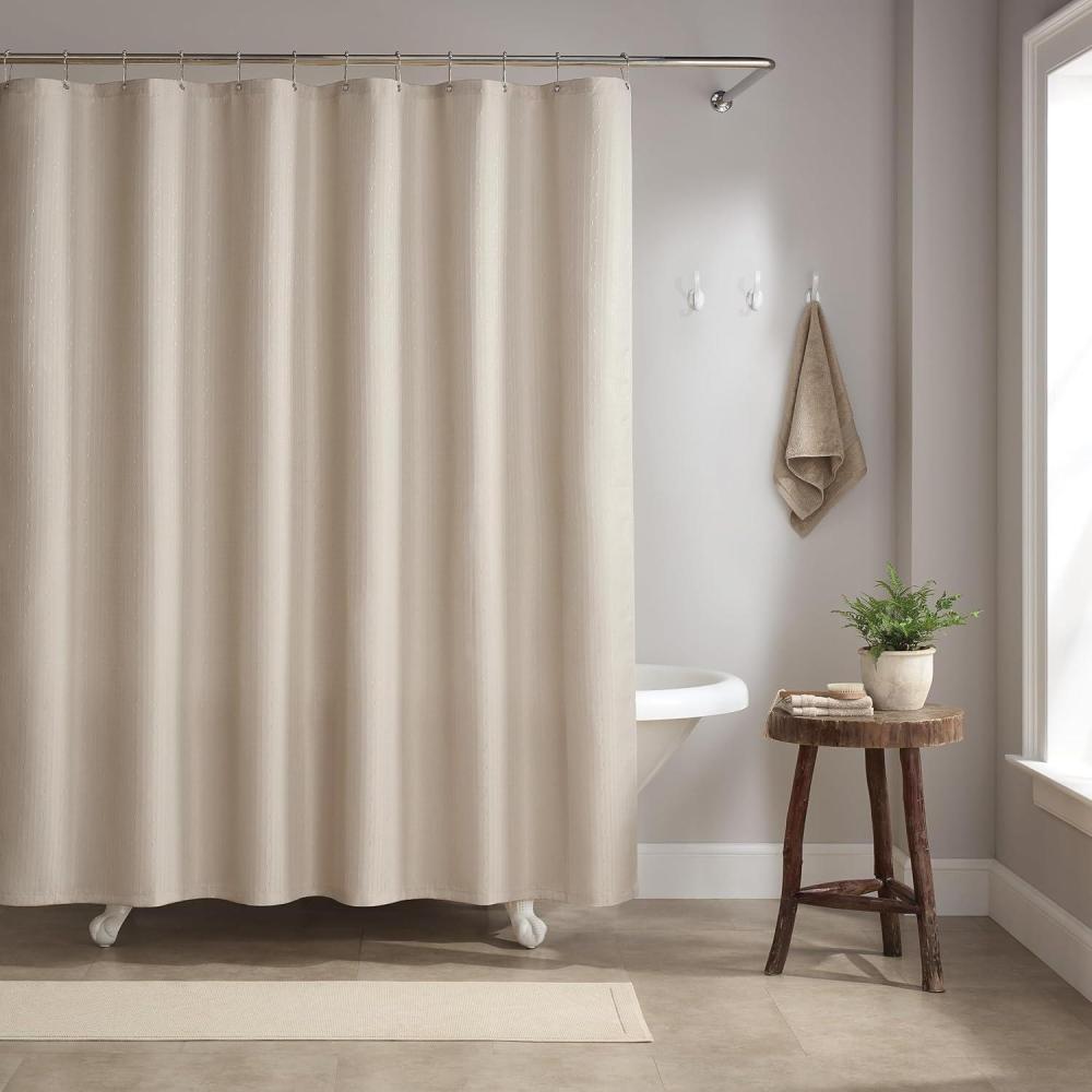 image:imageArkwright Bathroom Shower Curtain Set Stainless 12 Metal Hooks Modern Damask Woven Washable Fabric with Weighted Hem amp RustProof Grommets 210 GSM Heavy Duty 72 x 72 in Almond MilkAlmond Milk Raindrop
