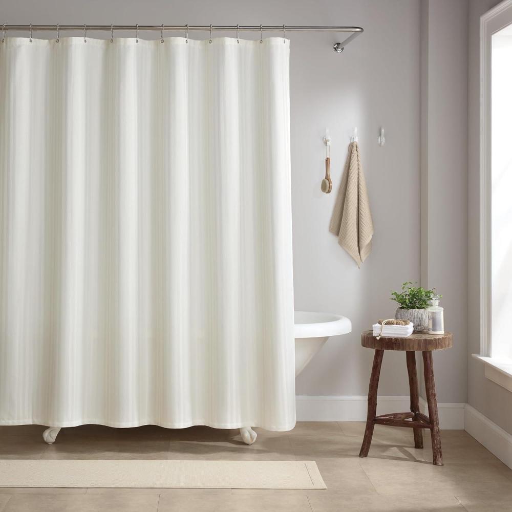 image:imageArkwright Bathroom Shower Curtain Set Stainless 12 Metal Hooks Modern Damask Woven Washable Fabric with Weighted Hem amp RustProof Grommets 210 GSM Heavy Duty 72 x 72 in Almond MilkBright White Damask