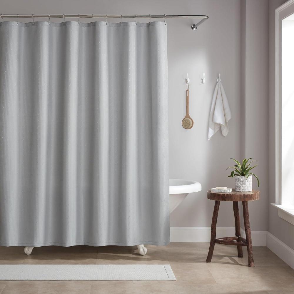 image:imageArkwright Bathroom Shower Curtain Set  Stainless 12 Metal Hooks Modern Damask Woven Washable Fabric with Weighted Hem amp RustProof Grommets 210 GSM Heavy Duty 72 x 72 in Almond MilkLight Grey Raindrop