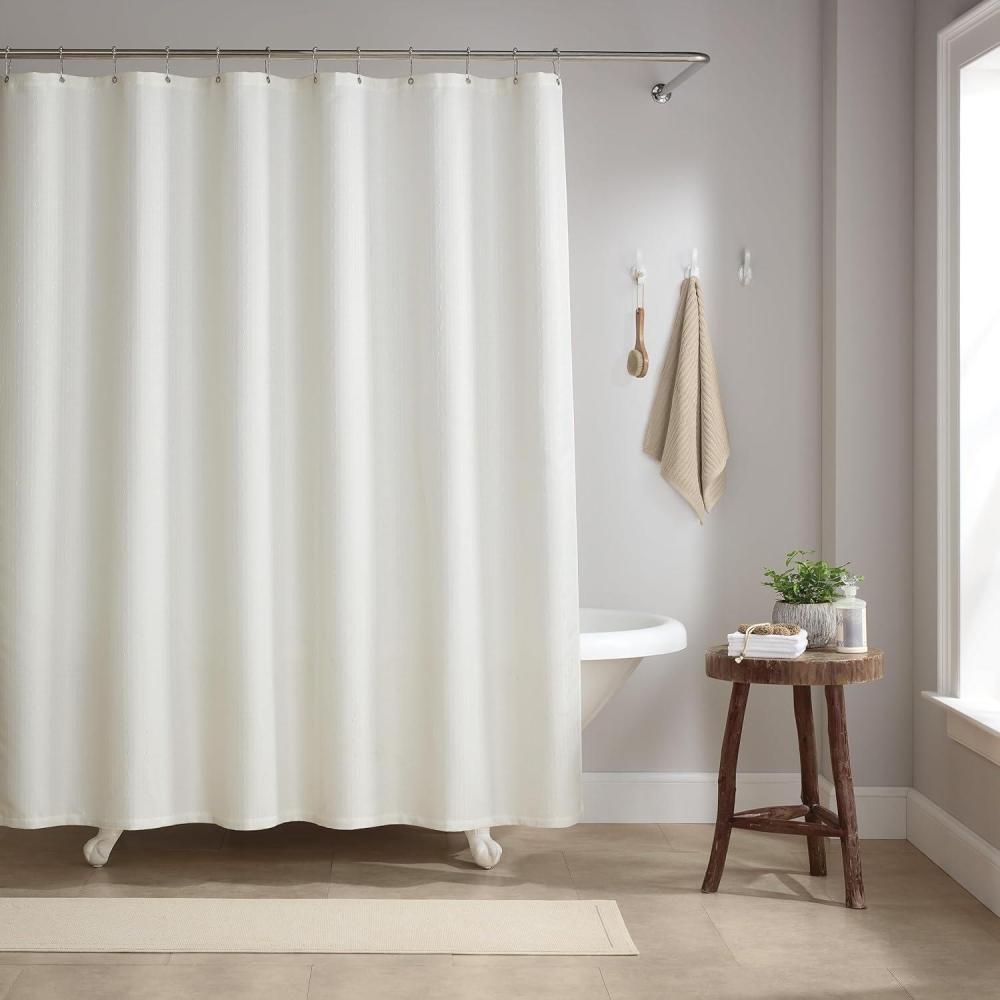 image:imageArkwright Bathroom Shower Curtain Set Stainless 12 Metal Hooks Modern Damask Woven Washable Fabric with Weighted Hem amp RustProof Grommets 210 GSM Heavy Duty 72 x 72 in Almond MilkBright White Raindrop