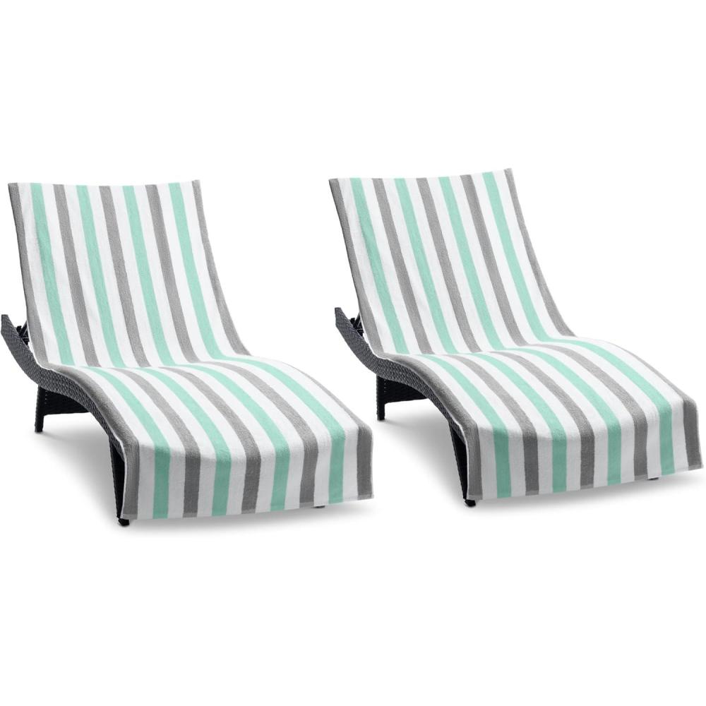 image:imageArkwright Cabo Chaise Lounge Cover Towel with Pocket Pack of 2 Striped 100 Cotton Cabana Cover for Beach Pool Outdoor Chairs 30 x 85 in Tropical BreezeSkydive BlueGreyMint