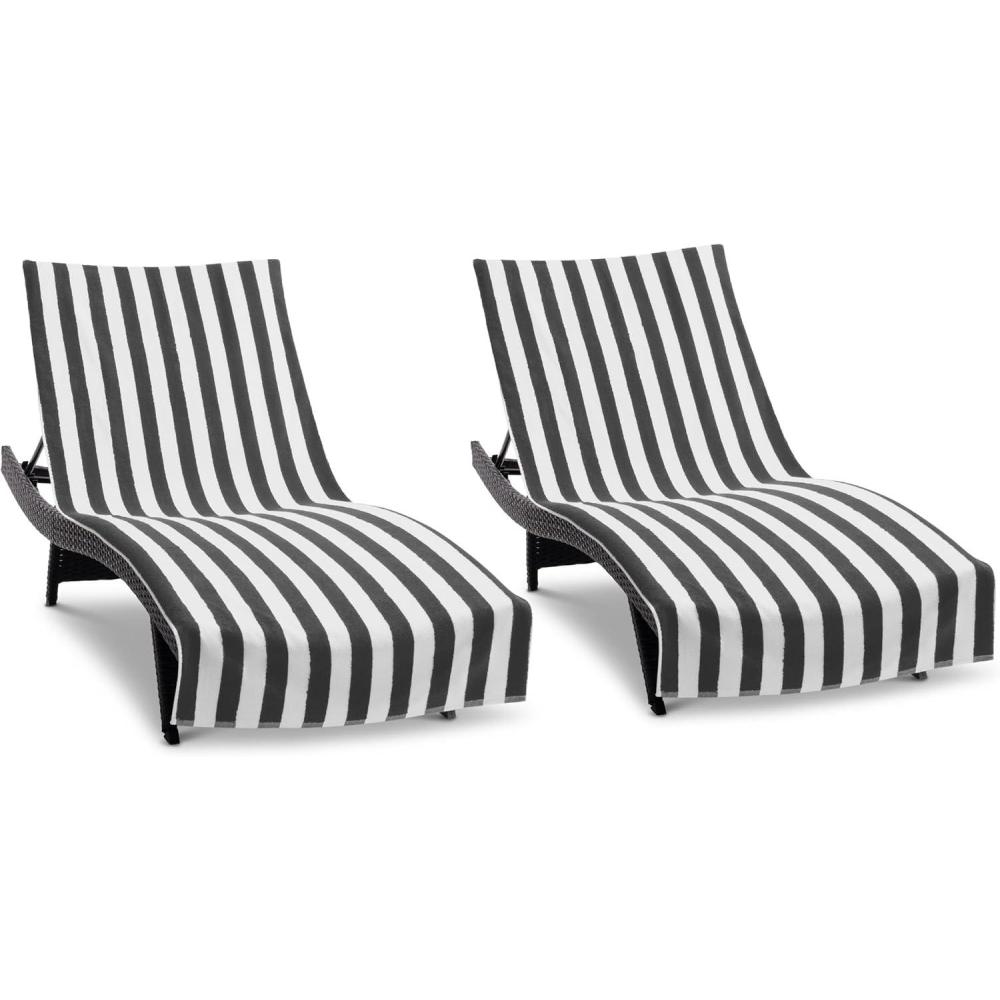 image:imageArkwright California Chaise Lounge Cover Towel with Pocket Pack of 2 Striped 100 Cotton Cabana Cover for Beach Pool Outdoor Chairs 30 x 85 in GreyBlack