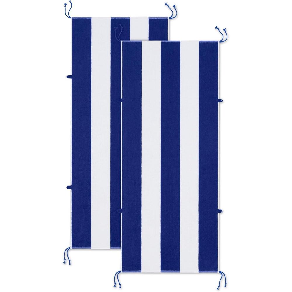 image:imageArkwright TieandDry Beach Towel 2Pack ClipFree Pool Chair Cover with Rope Ties Holder for Outdoor Patio Chaise Lounge 420GSM Cabana Stripe Oversized 30 x 70 in Dazzling BlueDazzling Blue