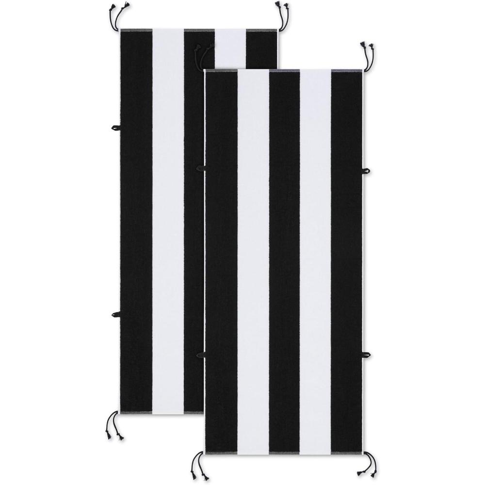 image:imageArkwright TieandDry Beach Towel 2Pack ClipFree Pool Chair Cover with Rope Ties Holder for Outdoor Patio Chaise Lounge 420GSM Cabana Stripe Oversized 30 x 70 in Dazzling BlueJet Black