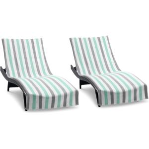 Arkwright Cabo Chaise Lounge Cover Towel with Pocket – Pack of 2 – Striped 100% Cotton Cabana Cover for Beach Pool Outdoor Chairs, 30 x 85 in, Tropical Breeze/Skydive Blue(Grey/Mint)