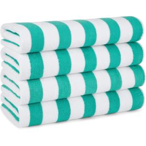 Arkwright Cali Cabana Stripe Beach Towel – Pack of 4, Soft Quick Dry 100% Cotton Terry Towels Set for Pool, Swim, and Hot Tub, 30 x 60 in, Blue(Green)