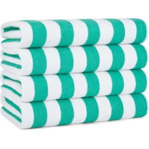 Arkwright California Cabana Stripe Beach Towel – Pack of 4, Large Soft Quick Dry 100% Cotton Terry Towels Set for Pool, Swim, and Hot Tub, Oversized 30 x 70 in, Grey(Green)