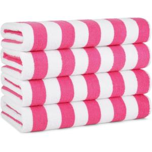 Arkwright California Cabana Stripe Beach Towel – Pack of 4, Large Soft Quick Dry 100% Cotton Terry Towels Set for Pool, Swim, and Hot Tub, Oversized 30 x 70 in, Grey(Pink)