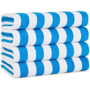 Arkwright California Cabana Stripe Beach Towel – Pack of 4, Large Soft Quick Dry 100% Cotton Terry Towels Set for Pool, Swim, and Hot Tub, Oversized 30 x 70 in, Grey(Blue)