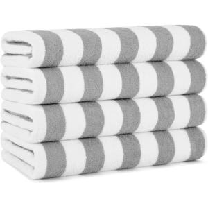 Arkwright California Cabana Stripe Beach Towel – Pack of 4, Large Soft Quick Dry 100% Cotton Terry Towels Set for Pool, Swim, and Hot Tub, Oversized 30 x 70 in, Grey(Grey)