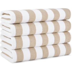 Arkwright California Cabana Stripe Beach Towel – Pack of 4, Large Soft Quick Dry 100% Cotton Terry Towels Set for Pool, Swim, and Hot Tub, Oversized 30 x 70 in, Grey(Beige)