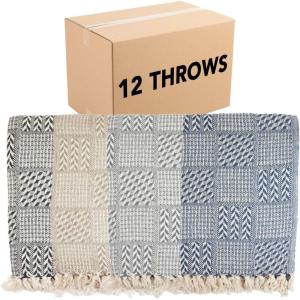 Arkwright Common Ground Bulk Blankets – Pack of 12 – Reversible 100% Cotton All Season Lightweight Couch Bed Throws for Wedding Guests, Travel, and Outdoor Events, 50 x 70 in, White(Block)