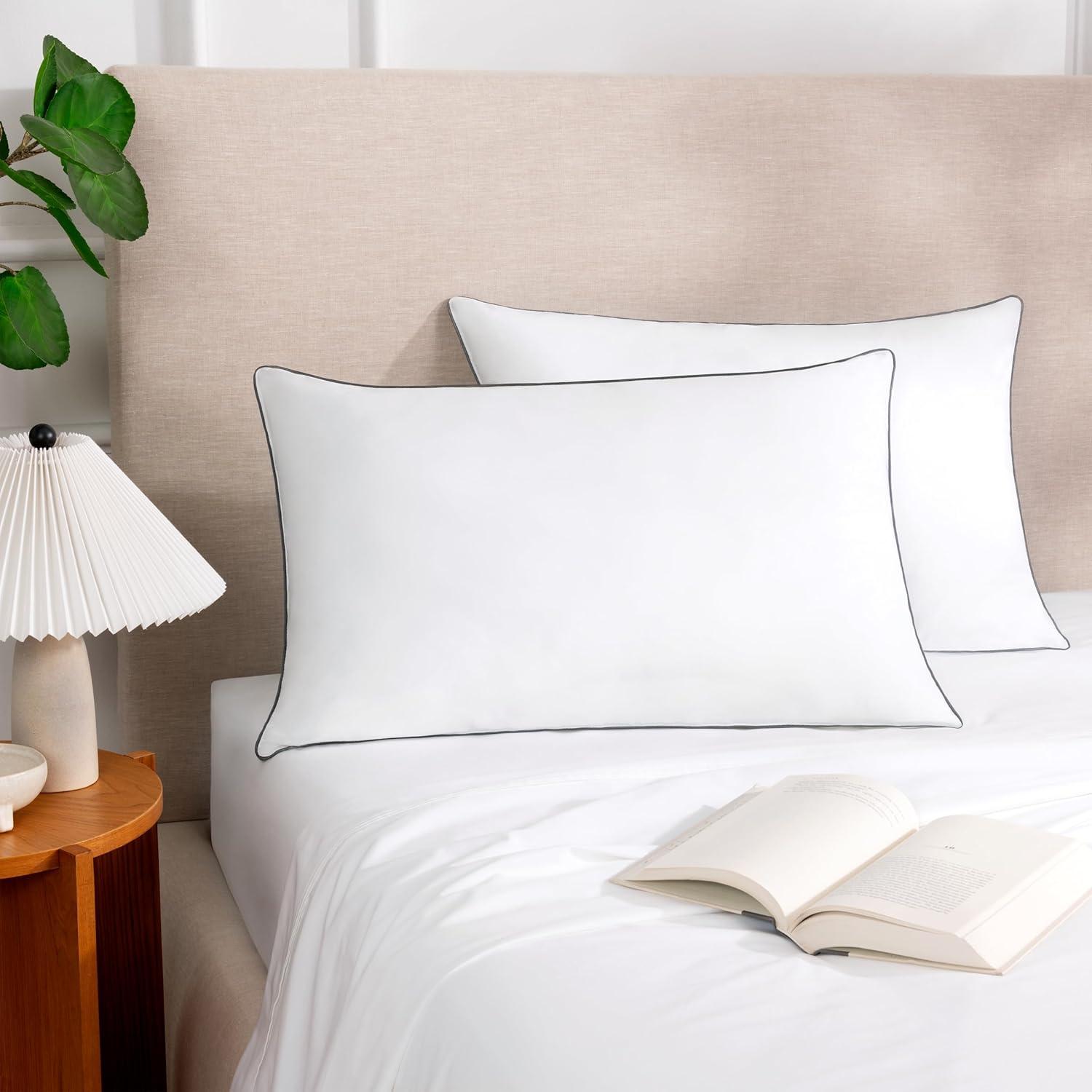 image:imageArkwright Hypoallergenic Queen Bed Pillow 2 Pack Made of 100 Cotton Cover 250 Thread Count Silver Piping Breathable SoftPoly Fiber Fill Machine Washable White2