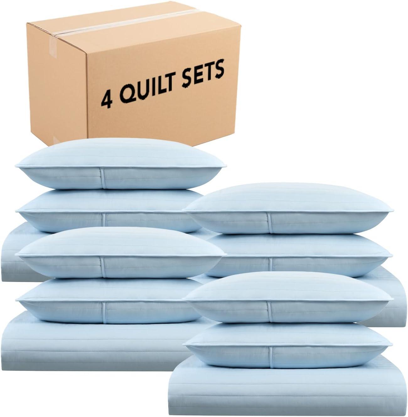 image:imageArkwright TwinTwinXL Quilt Set Case of 4 Soft Brushed Lightweight Microfiber Bedspread Coverlet Bedding Sets for All Seasons 1 Quilt 1 Pillowcase Sham 68x90 in Almond Milk TanNantucket Breeze Blue