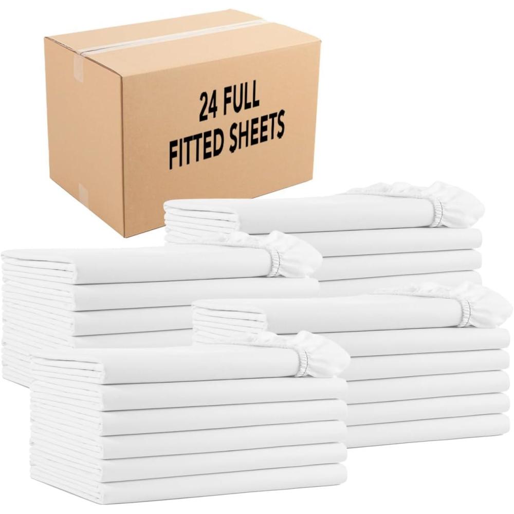 image:imageArkwright Bulk Full Fitted Bed Sheets Case of 24 Soft Cotton Blend 200 Thread Count Bottom Sheet only with Deep Pocket Bedding Essentials for Hotels Guests and Vacation Rentals WhiteFitted Sheets Case of 24