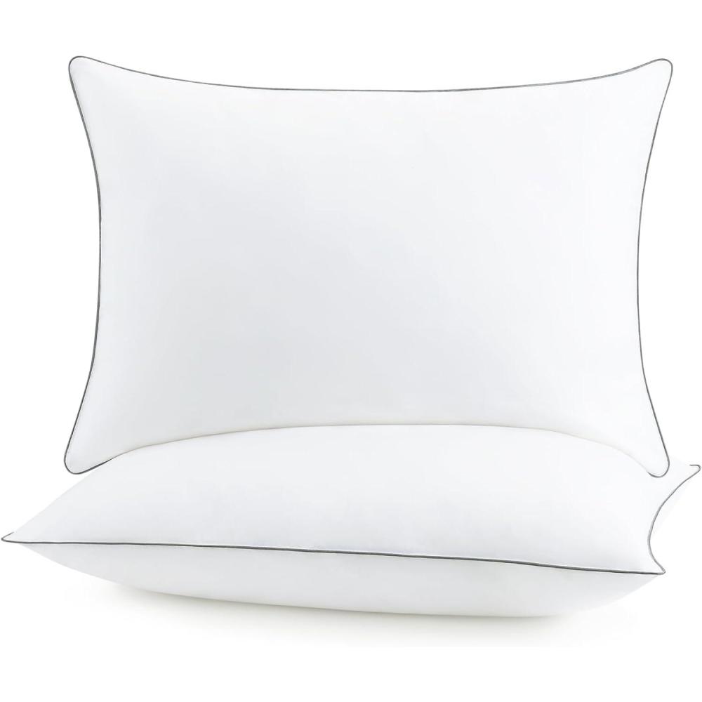 image:imageArkwright Hypoallergenic Queen Bed Pillow 2 Pack Made of 100 Cotton Cover 250 Thread Count Silver Piping Breathable SoftPoly Fiber Fill Machine Washable White2