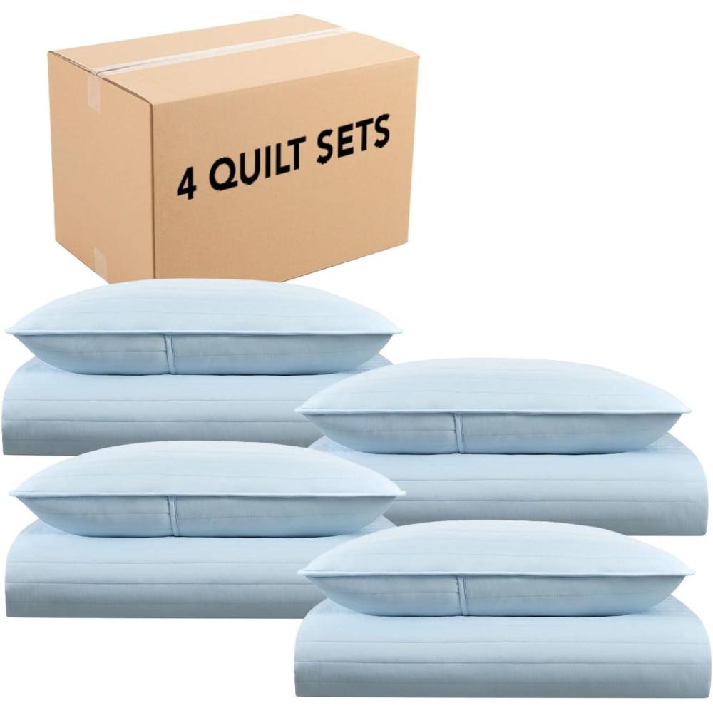 image:imageArkwright TwinTwinXL Quilt Set Case of 4 Soft Brushed Lightweight Microfiber Bedspread Coverlet Bedding Sets for All Seasons 1 Quilt 1 Pillowcase Sham 68x90 in Almond Milk TanNantucket Breeze Blue