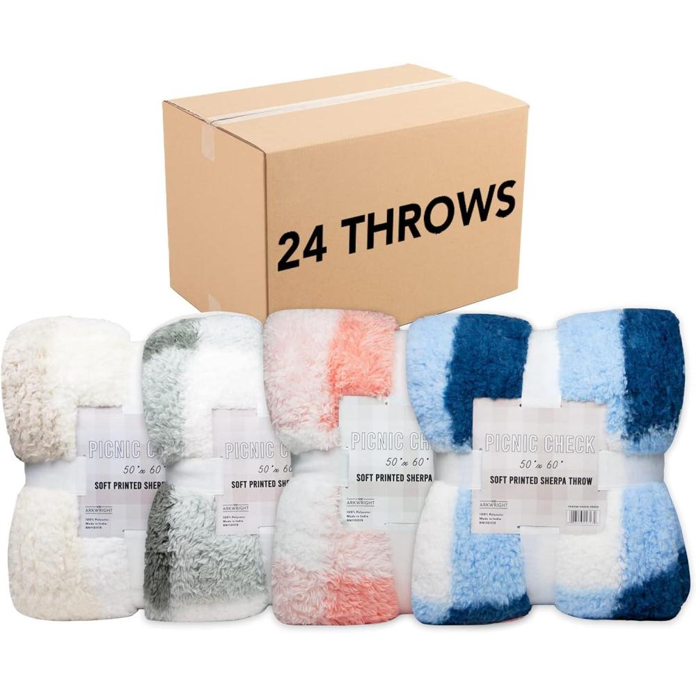 image:imageArkwright Sherpa Picnic Check Throw Blankets Case of 24 Soft Cozy and Warm Polyester Bulk Throw Set for Bed Couch and Travel 50 x 60 in Assorted Check
