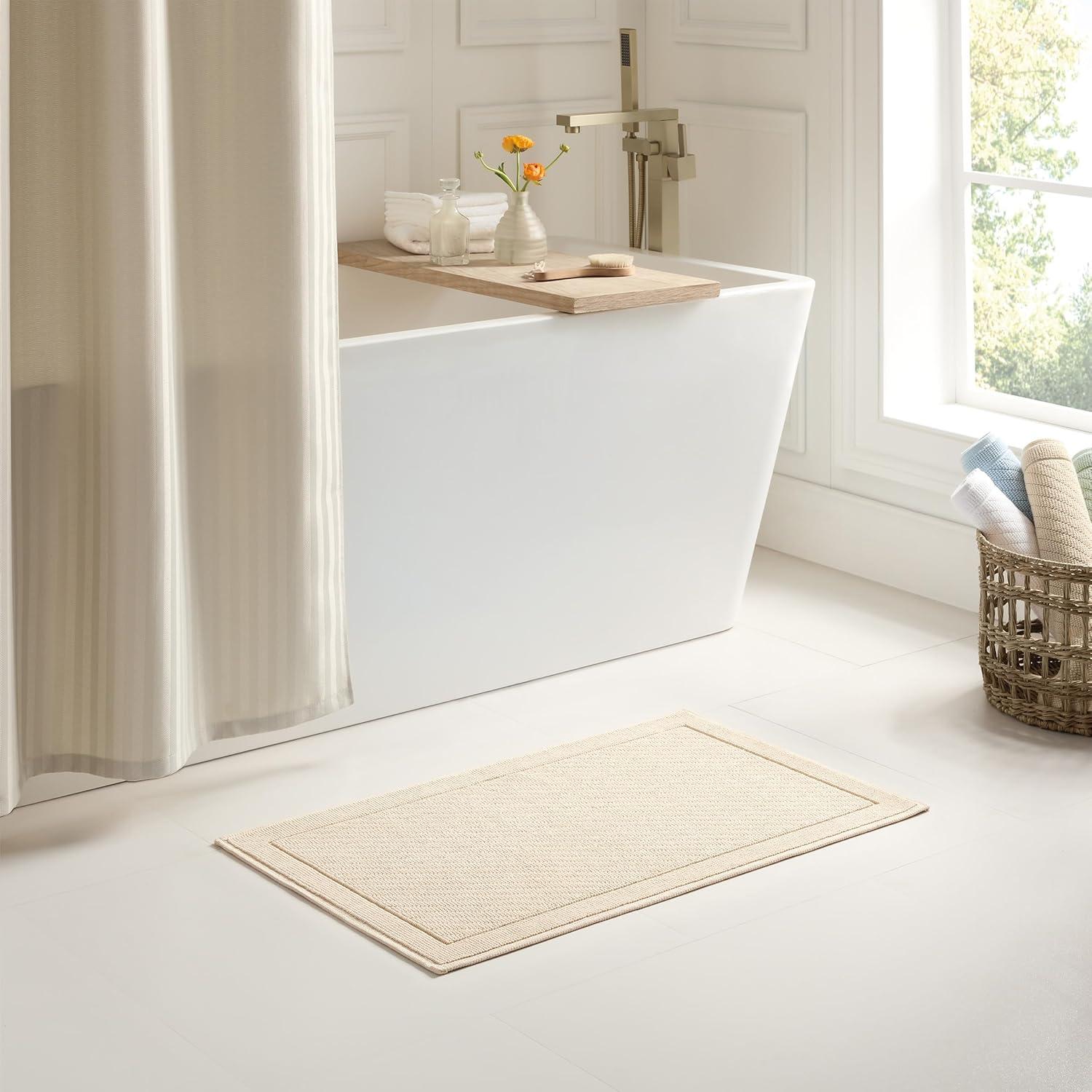 image:imageArkwright 100 Cotton Bathroom Rug High Absorbent Stylish Textured Woven Design Bath Mat Slip Resistant Backing for Shower and Bathtub Floor 20x32 in WhiteAlmond Milk Beige