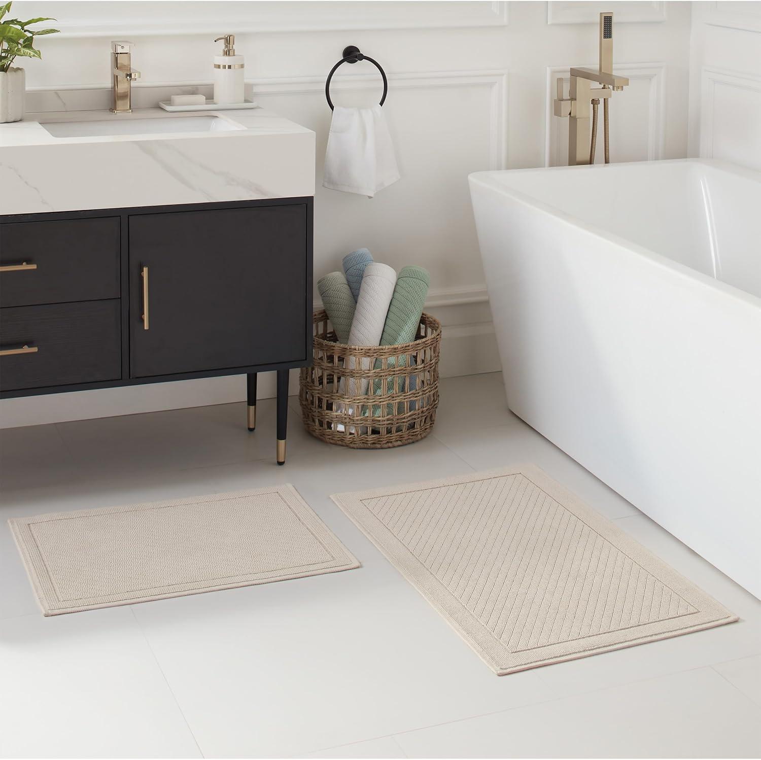 image:imageArkwright 100 Cotton Bathroom Rug High Absorbent Stylish Textured Woven Design Bath Mat Slip Resistant Backing for Shower and Bathtub Floor 20x32 in WhiteAlmond Milk Beige