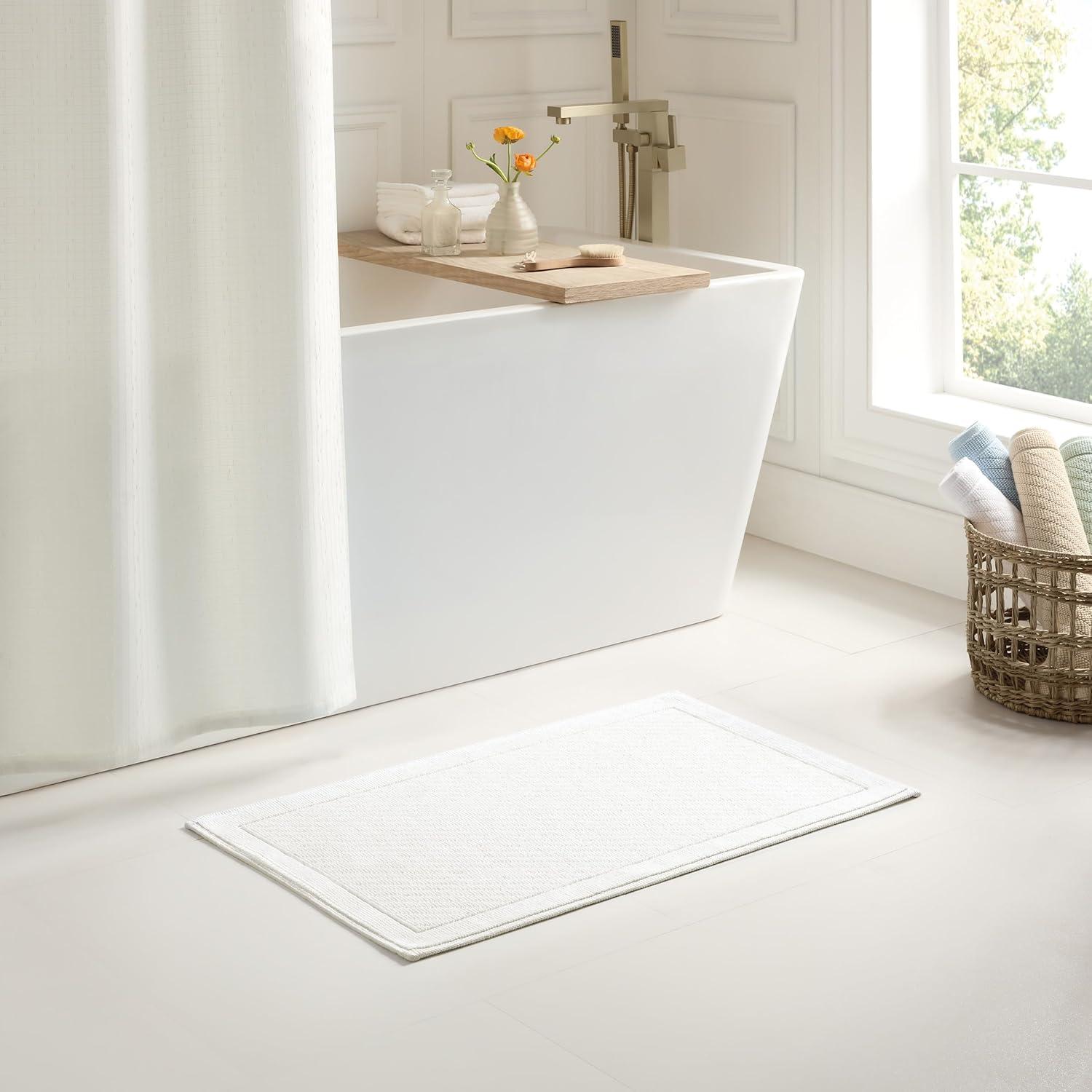 image:imageArkwright 100 Cotton Bathroom Rug High Absorbent Stylish Textured Woven Design Bath Mat Slip Resistant Backing for Shower and Bathtub Floor 20x32 in WhitePearl White